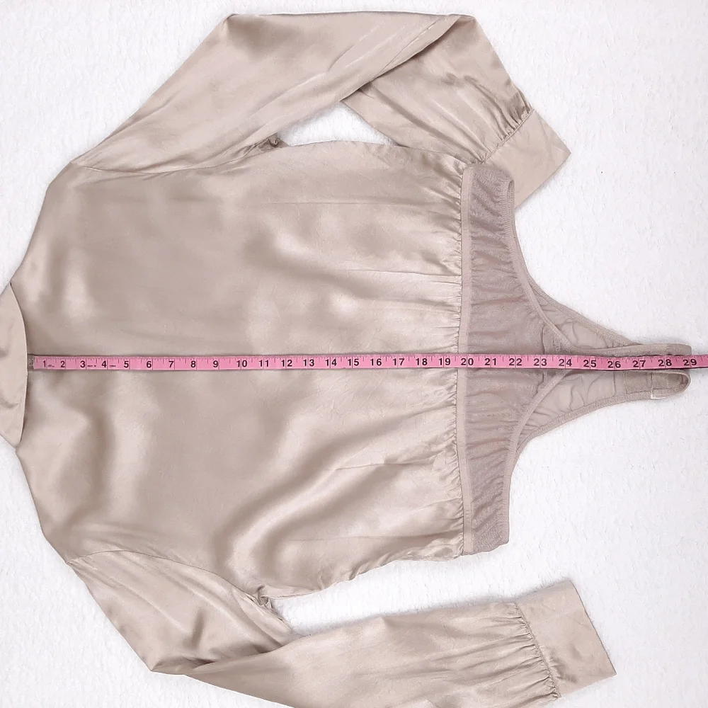 Shape FX 100% silk long sleeve button up shirt bodysuit champagne beige plus - Picture 5 of 8